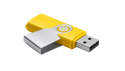 Yellow USB flash drive with silver cap, isolated on white background for digital data storage and transfer