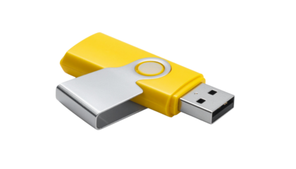 Yellow USB flash drive with silver cap, isolated on white background for digital data storage and transfer