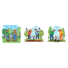Fototapeta premium Illustrations depicting families gardening together, enjoying outdoor activities and teamwork.