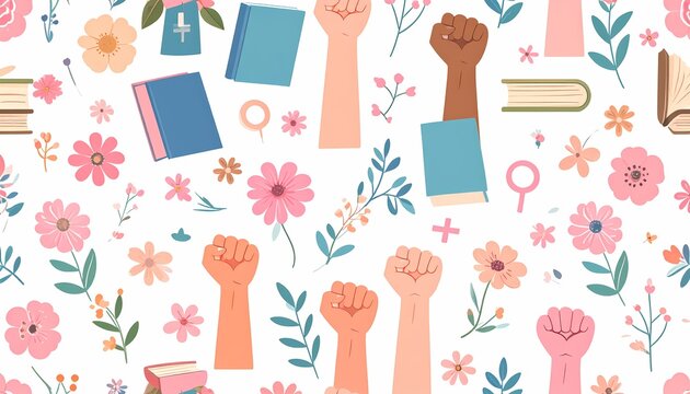 Women Rights Pattern with Raised Fists and Floral Symbols on Pink Background