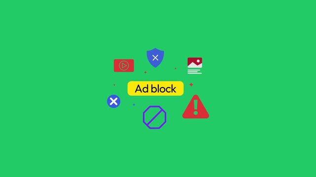 Ad block typography written in center with floating shapes around it, 4k animation on green screen