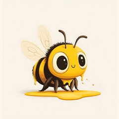 Obraz premium Cute cartoon bee character sitting in a puddle of honey with big eyes