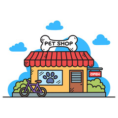 Charming cartoon pet shop exterior with a bicycle outside and an open sign on a bright day with fluffy clouds and green bushes