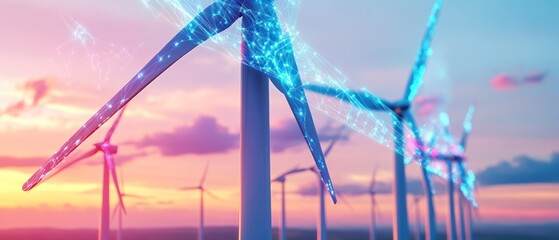 Wind turbines in a field at sunset