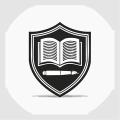 Black and white shield icon with an open book and a pen, symbolizing education or knowledge.