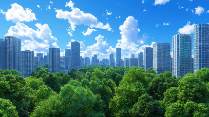 Fototapeta premium Vibrant city skyline surrounded by lush greenery under bright blue sky with fluffy clouds creates serene urban landscape