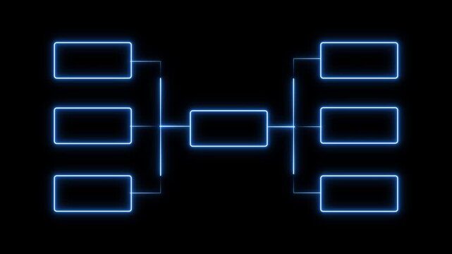 Animation of neon glowing team Tournament bracket templates isolated on black background. Championship bracket schedule for soccer, football, basketball, baseball or tennis.