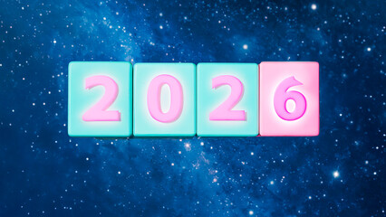 glowing numbers 2026 on blue cubes against a starry outer space background. New year, new decade concept for celebration, futuristic design element composition.