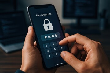 Obraz premium Close-up of a person entering passcode on smartphone screen with security lock symbol in modern workspace