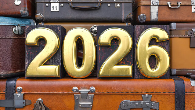 Golden year 2026 numbers on vintage suitcase representing future travel and new beginnings. New year arrival concept. - Powered by Adobe