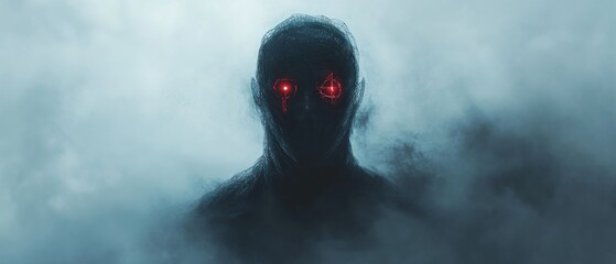Mysterious figure with glowing eyes in the fog