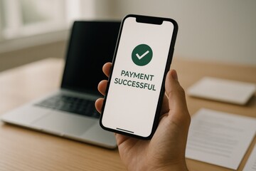 Modern Mobile Payment Success Confirmation on Smartphone in Minimalist Workspace