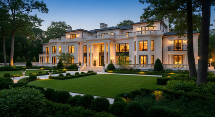 Obraz premium Luxurious Mansion Estate with Grand Entrance Columns and Landscaped Gardens at Twilight