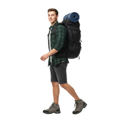 Fototapeta premium Adventurous explorer in profile showcasing a journey with hiking gear, prepared to face nature