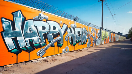 Naklejka premium Graffiti art on a construction fence spells out happy new year. Urban street art for creative expression and background design.