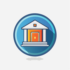 Stylized icon of a classical building with columns and a triangular roof, set within a blue circle, representing a bank or government institution.