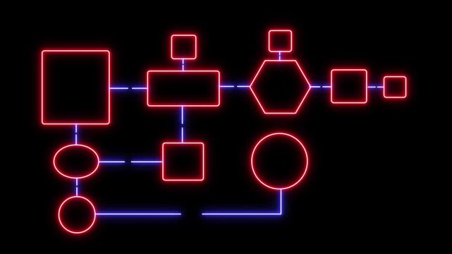 Neon line Block diagram concept, analysis scheme, logical, algorithm, flow chart drawing animation on black background. Neon Square Blocks Connected in a Flowchart or Network Diagram