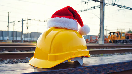 Yellow hard hat with a Santa hat on a railway platform with tracks in the background. Christmas at construction site.