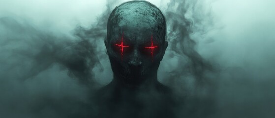 Mysterious figure with glowing eyes in smoke