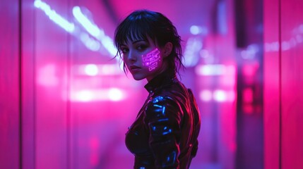 Woman in futuristic cyberpunk setting