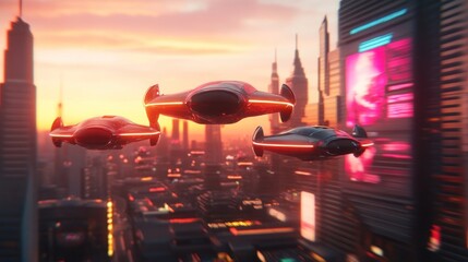 Futuristic flying vehicles above city skyline at sunset