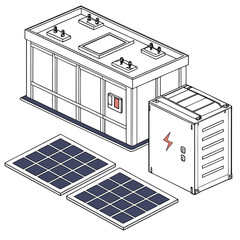 Isometric illustration of a modern solar power station with battery storage and panels