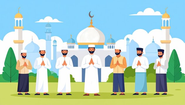 Arab Men in Traditional Clothing Standing with Mosque in Background, Islamic Culture Illustration