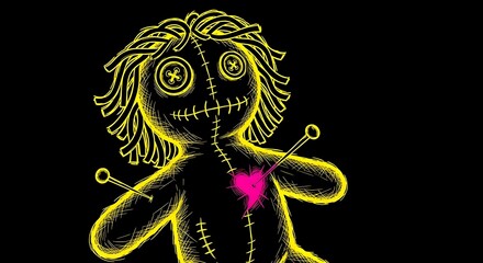 Creepy voodoo doll with pins and a pink heart on a black background, a symbol of black magic and witchcraft for dark rituals