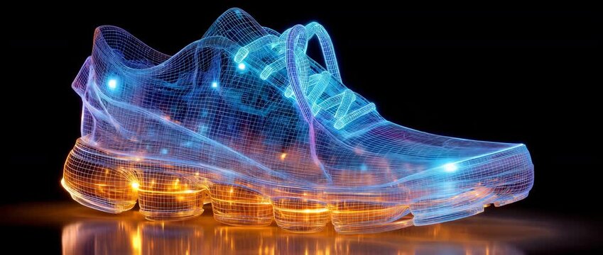 Modern footwear innovation with futuristic LED shoes and a complex wireframe design.