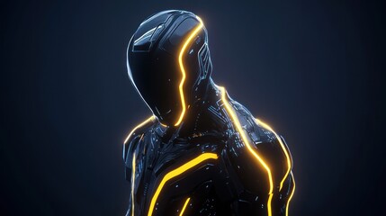 Futuristic figure with glowing details dark background