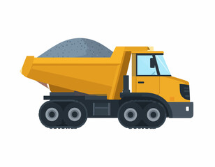 Naklejka premium A cartoon-style illustration of a yellow dump truck carrying a gray load on a white background.