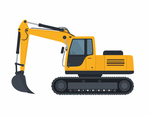 Fototapeta premium Illustration of a yellow excavator with a black undercarriage and bucket against a clean white background.