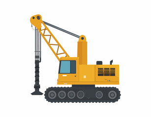 A yellow construction drilling machine with a long arm and black tracks on a white background.
