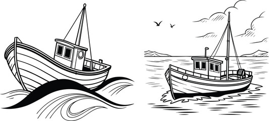 Traditional Fishing Boats Sailing on Gentle Ocean Waves  Vintage Marine Illustration