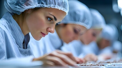 Female food factory workers inspect and sort product carefully wea hairnets for safety regulations now.