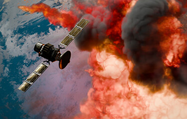 Satellite in Space passing planet on fire, 3D animation