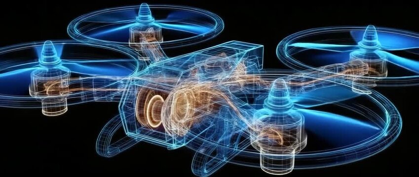 An autonomous drone quadcopter's interior construction and mechanics are seen in this futuristic x-ray depiction.