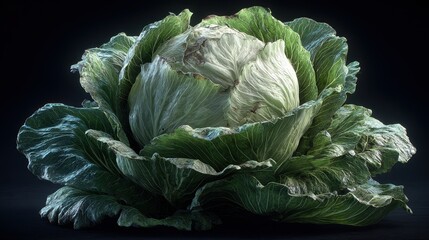 Obraz premium A close up, detailed studio shot of a fresh, green cabbage with visible water droplets on its leaves, presented in dramatic, dark lighting against a plain black background.