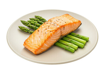 Isolated Grilled salmon steak with asparagus on plate ready to eat healthy diet food