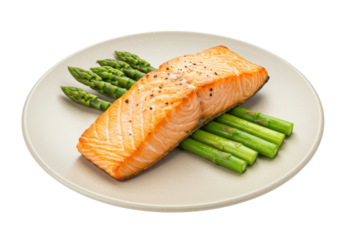 Isolated Grilled salmon steak with asparagus on plate ready to eat healthy diet food