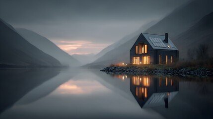 Fototapeta premium Tranquil lake reflects cozy cabin led between mountains under a dusky sky in peaceful countryside.