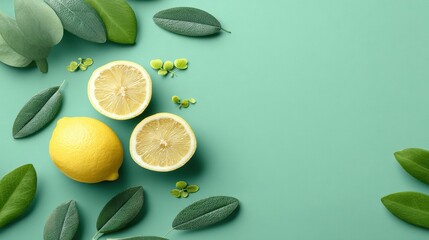 A vibrant overhead shot featuring whole and sliced yellow lemons alongside lush green leaves on a solid teal background. Natural light illuminates the scene creating a fresh and clean aesthetic.