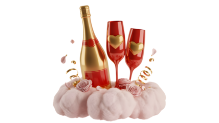 Celebration champagne glasses hearts romance anniversary luxury wine cheers love party golden red on transparent background