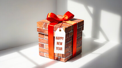 Gift box wrapped in brick pattern paper with a red ribbon and a happy new year tag. Celebration present for Christmas or an anniversary.