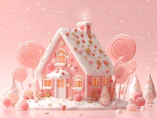 A charming pink gingerbread house sparkles with sweet delights under a gentle snowfall creating holiday cheer.