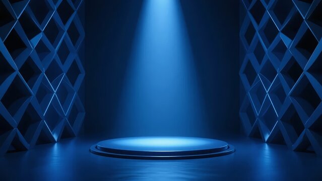 A spotlight illuminates a circular platform in a dark, geometrically patterned room with blue lighting.