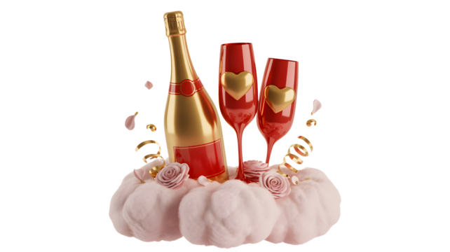 Celebration champagne glasses hearts romance anniversary luxury wine cheers love party golden red on transparent background