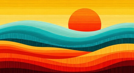 Abstract sunset landscape art with sun and wavy hills made of colorful threads, creating a unique and textured visual experience, vibrant and eyecatching