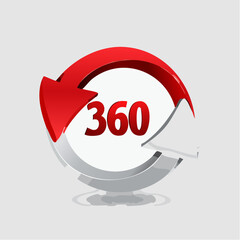 A red and white circular arrow icon with the number 360 in the center, symbolizing rotation or a complete cycle.