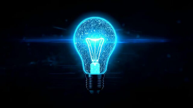 Glowing blue electric light bulb emitting soft neon particles in dark atmosphere, futuristic energy concept with vibrant illumination